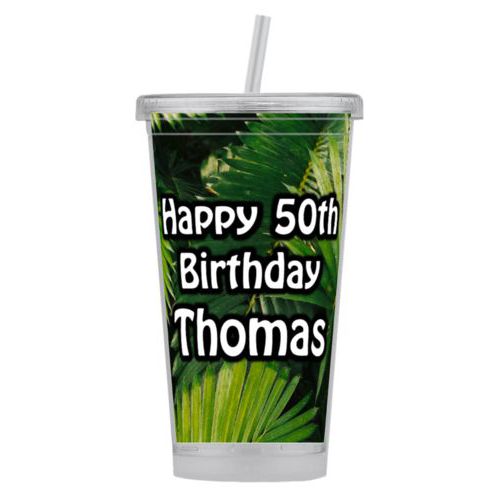 Personalized tumbler personalized with plants fern pattern and the saying "Happy 50th Birthday Thomas"