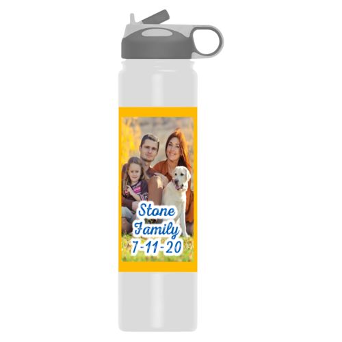 Insulated water bottle personalized with photo and the saying "Stone Family 7-11-20"