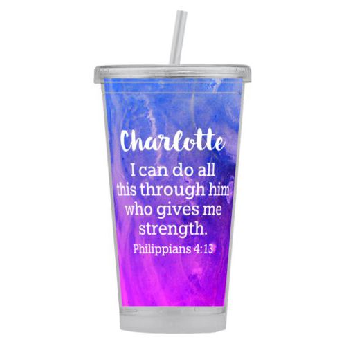 Personalized tumbler personalized with ombre amethyst pattern and the saying "Charlotte I can do all this through him who gives me strength. Philippians 4:13"