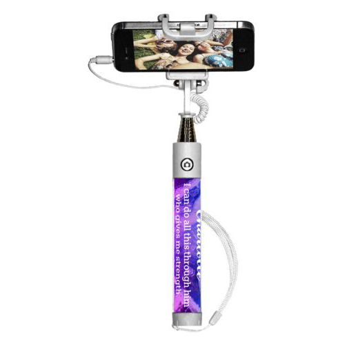 Personalized selfie stick personalized with ombre amethyst pattern and the saying "Charlotte I can do all this through him who gives me strength. Philippians 4:13"