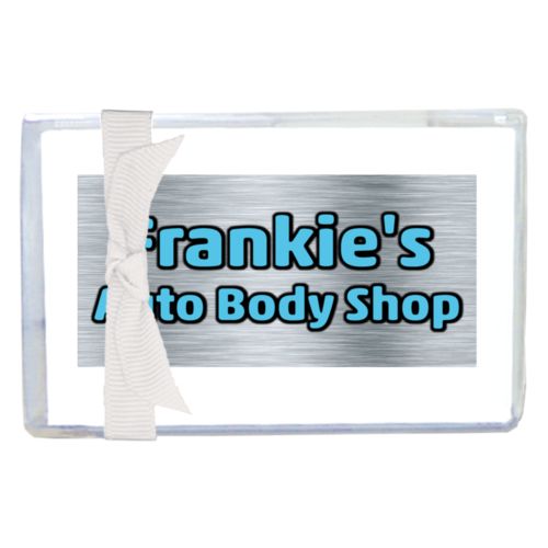 Personalized enclosure cards personalized with steel industrial pattern and the saying "Frankie's Auto Body Shop"