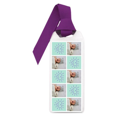 Personalized book mark personalized with a photo and the saying "Smiling Heart" in easter purple and mint