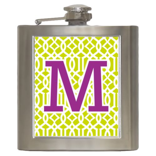 Personalized 6oz flask personalized with ironwork pattern and the saying "M"