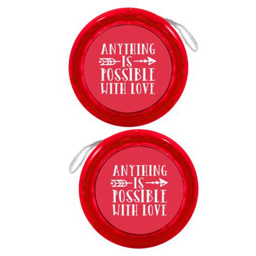 Personalized yoyo personalized with the saying "anything is possible with love"