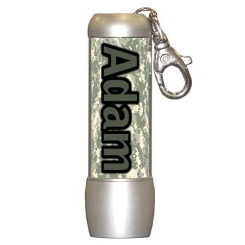 Personalized flashlight personalized with army camo pattern and the saying "Adam"