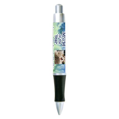 Personalized pen personalized with ombre quartz pattern and photo and the sayings "Mom of the Year" and "Love, Rufus & Fluffy"