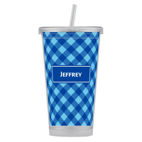 Personalized tumbler personalized with check pattern and name in ultramarine