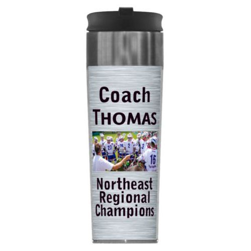 Personalized steel mug personalized with steel industrial pattern and photo and the sayings "Coach Thomas" and "Northeast Regional Champions"