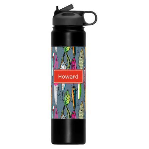 Personalized water bottle personalized with fishing lures pattern and name in strong red