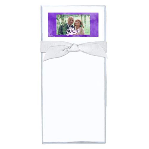Personalized note sheets personalized with purple cloud pattern and photo and the saying "love"