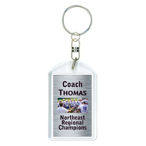 Personalized plastic keychain personalized with steel industrial pattern and photo and the sayings "Coach Thomas" and "Northeast Regional Champions"