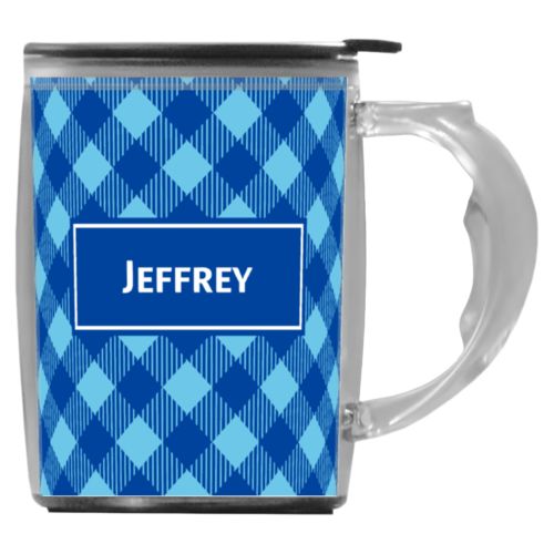 Custom mug with handle personalized with check pattern and name in ultramarine