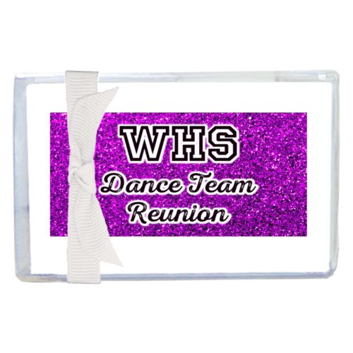 Personalized enclosure cards personalized with fuchsia glitter pattern and the saying "WHS Dance Team Reunion"