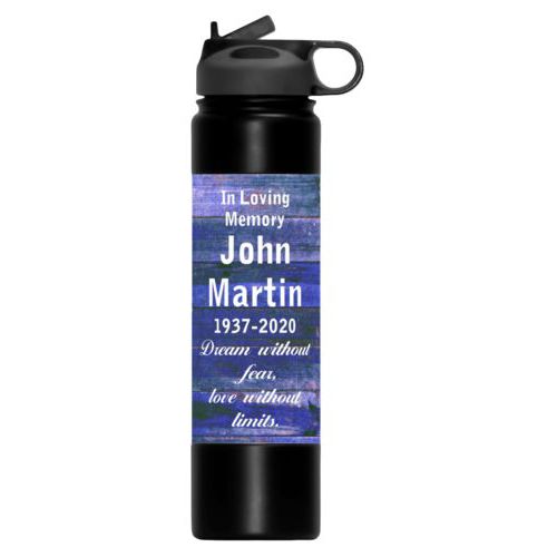 Custom water bottle personalized with royal rustic pattern and the saying "In Loving Memory John Martin 1937-2020 Dream without fear, love without limits."