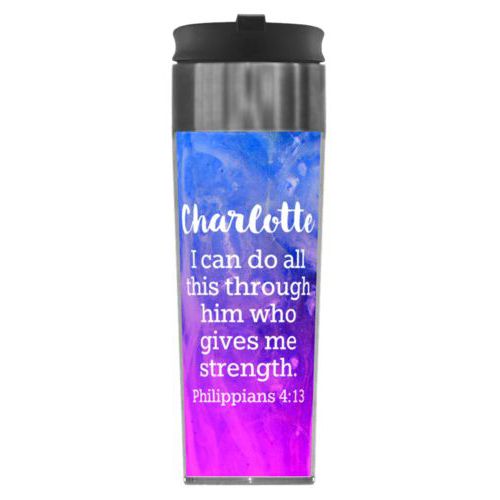 Personalized steel mug personalized with ombre amethyst pattern and the saying "Charlotte I can do all this through him who gives me strength. Philippians 4:13"