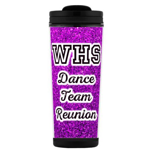 Custom tall coffee mug personalized with fuchsia glitter pattern and the saying "WHS Dance Team Reunion"