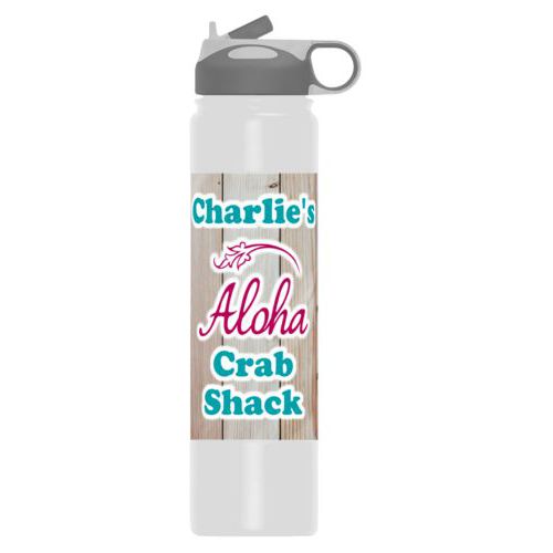 Vacuum insulated water bottle personalized with light wood pattern and the sayings "Aloha" and "Charlie's Crab Shack"