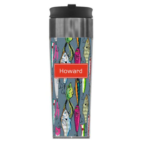 Personalized steel mug personalized with fishing lures pattern and name in strong red