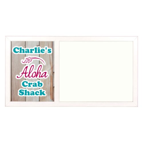 Personalized white board personalized with light wood pattern and the sayings "Aloha" and "Charlie's Crab Shack"