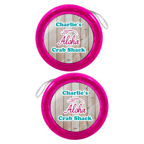 Personalized yoyo personalized with light wood pattern and the sayings "Aloha" and "Charlie's Crab Shack"