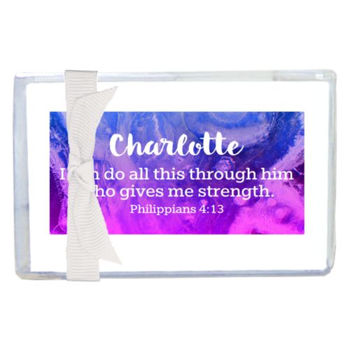 Personalized enclosure cards personalized with ombre amethyst pattern and the saying "Charlotte I can do all this through him who gives me strength. Philippians 4:13"