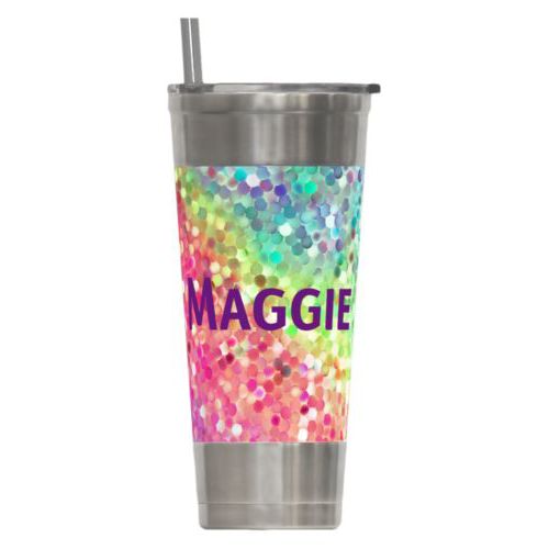 Personalized insulated steel tumbler personalized with glitter pattern and the saying "Maggie"