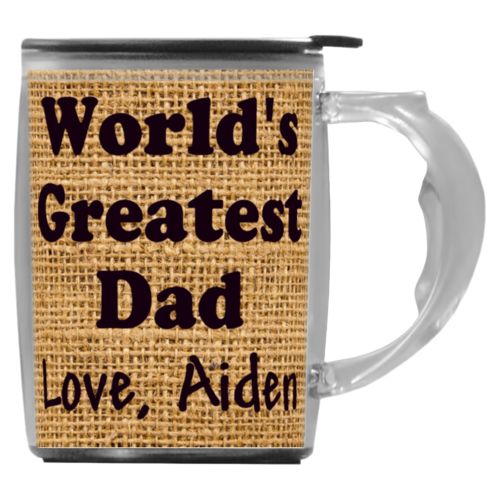 Custom mug with handle personalized with burlap industrial pattern and the saying "World's Greatest Dad Love, Aiden"