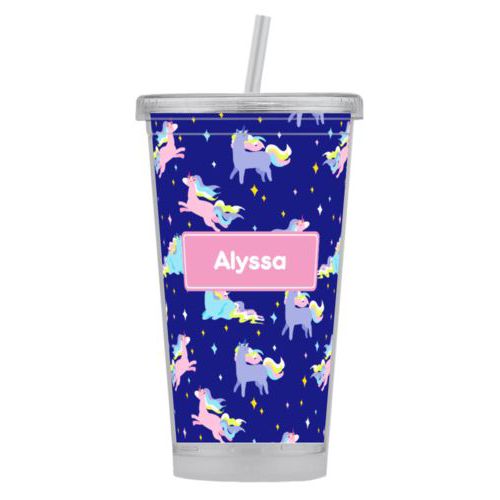 Personalized tumbler personalized with animals unicorn pattern and name in pink