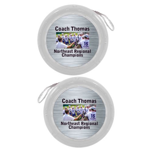 Personalized yoyo personalized with steel industrial pattern and photo and the sayings "Coach Thomas" and "Northeast Regional Champions"