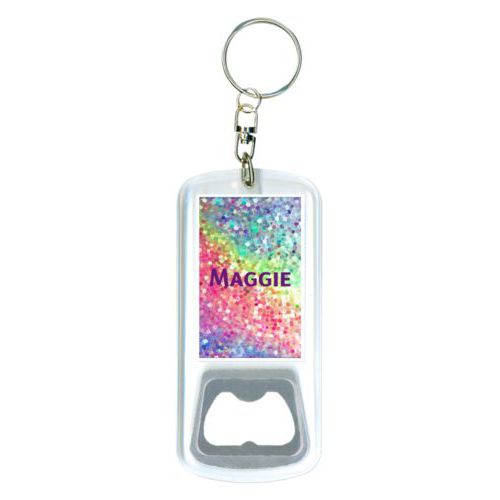 Personalized bottle opener personalized with glitter pattern and the saying "Maggie"