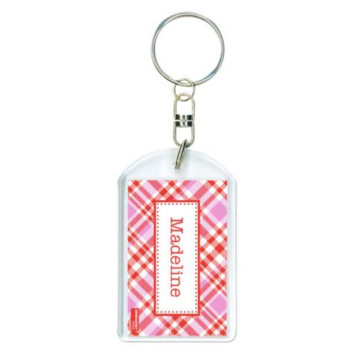 Personalized plastic keychain personalized with tartan pattern and name in red punch and thistle