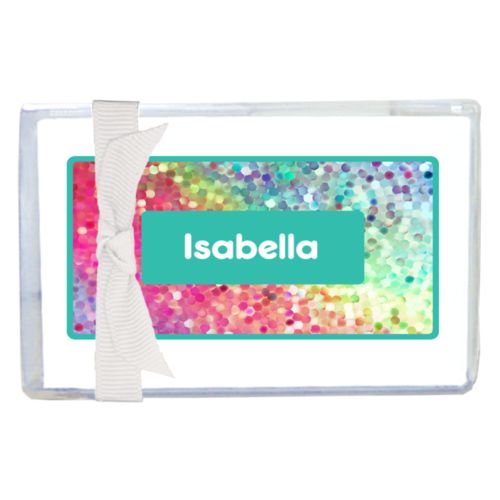Personalized enclosure cards personalized with glitter pattern and name in minty