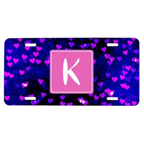 Personalized license plate personalized with dream hearts pattern and initial in pink