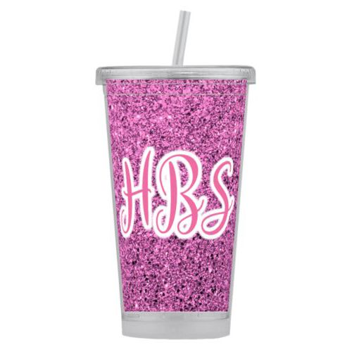 Personalized tumbler personalized with light pink glitter pattern and the saying "HBS"