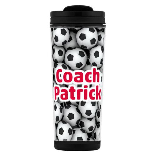 Custom tall coffee mug personalized with soccer balls pattern and the saying "Coach Patrick"