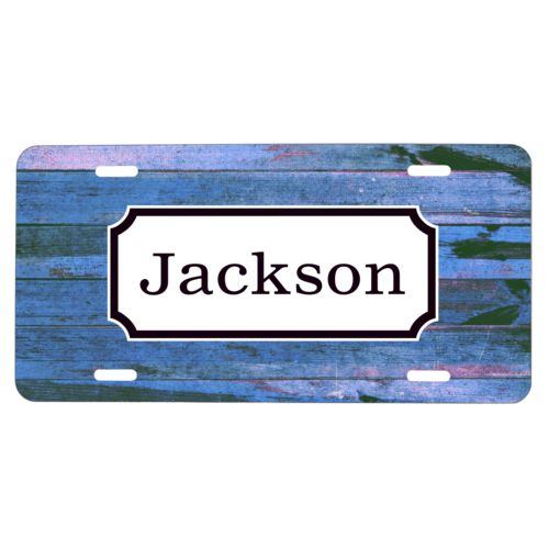 Custom car plate personalized with sky rustic pattern and name in black licorice