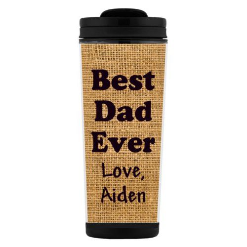 Custom tall coffee mug personalized with burlap industrial pattern and the saying "Best Dad Ever Love, Aiden"