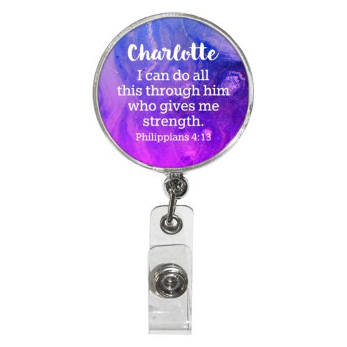 Personalized badge reel personalized with ombre amethyst pattern and the saying "Charlotte I can do all this through him who gives me strength. Philippians 4:13"