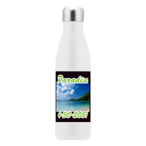 Personalized stainless steel water bottle personalized with photo and the sayings "Paradise" and "4-30-2021"