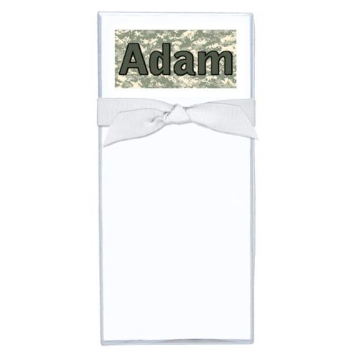 Personalized note sheets personalized with army camo pattern and the saying "Adam"