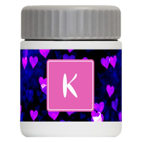 Personalized 12oz food jar personalized with dream hearts pattern and initial in pink