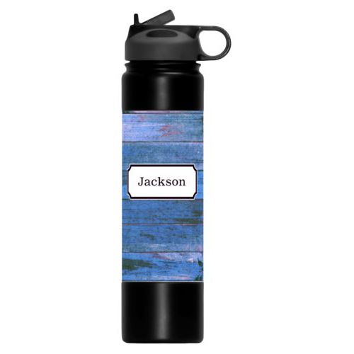 Vacuum water bottle personalized with sky rustic pattern and name in black licorice