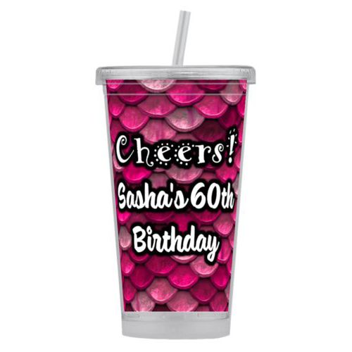 Personalized tumbler personalized with pink mermaid pattern and the saying "Cheers! Sasha's 60th Birthday"