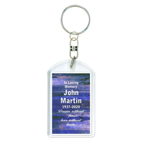 Personalized keychain personalized with royal rustic pattern and the saying "In Loving Memory John Martin 1937-2020 Dream without fear, love without limits."