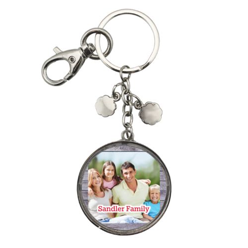 Personalized metal keychain personalized with grey wood pattern and photo and the saying "Sandler Family"
