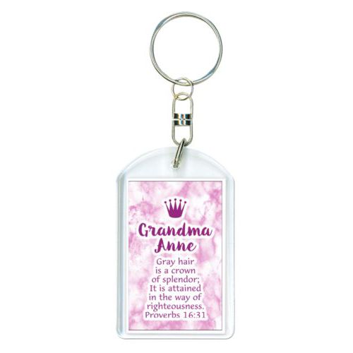 Personalized plastic keychain personalized with pink marble pattern and the sayings "Grandma Anne Gray hair is a crown of splendor; It is attained in the way of righteousness. Proverbs 16:31" and "Crown"