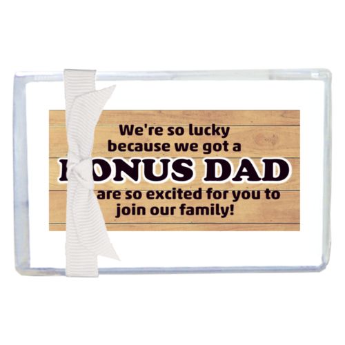 Personalized enclosure cards personalized with natural wood pattern and the sayings "We're so lucky because we got a We are so excited for you to join our family!" and "BONUS DAD"
