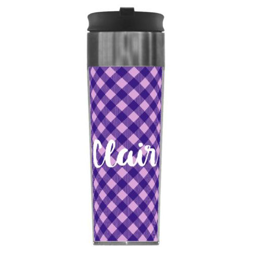 Personalized steel mug personalized with check pattern and the saying "Clair"