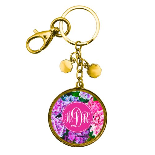 Personalized metal keychain personalized with hydrangea pattern and monogram in pink