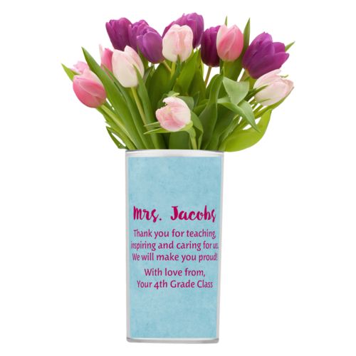 Personalized vase personalized with teal chalk pattern and the saying "Mrs. Jacobs Thank you for teaching, inspiring and caring for us. We will make you proud! With love from, Your 4th Grade Class"